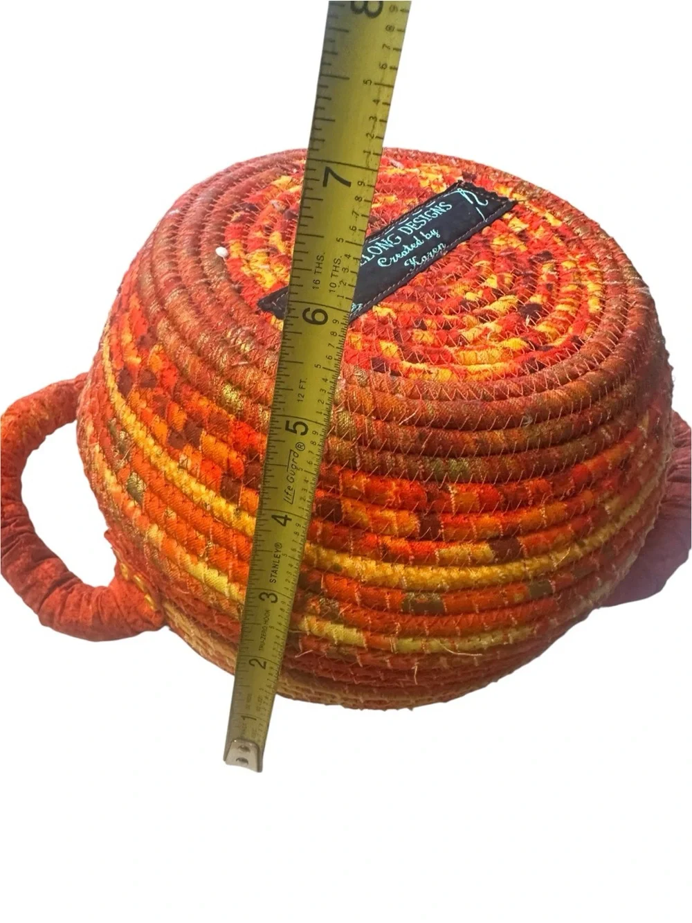 Handmade K Designs Coiled Fabric Basket Orange Rust Gold Double Handle